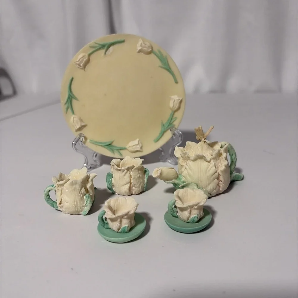 Vintage Miniature Rose Tea Set Cream Mint Green Display Collectible 8pc Set